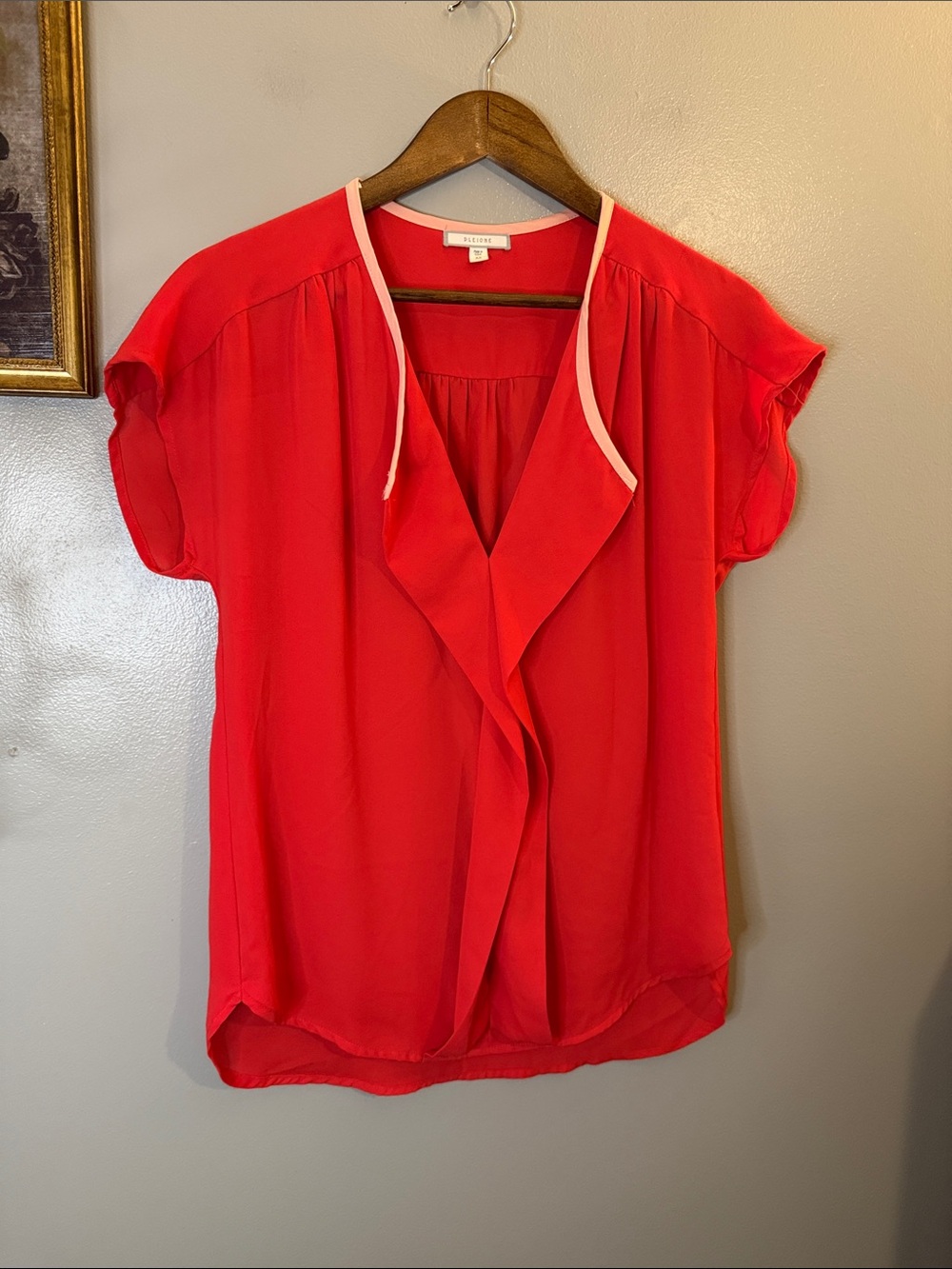 Pleione XS Coral Red Draped Waterfall Blouse Short Sleeve Made USA - Picture 8 of 8